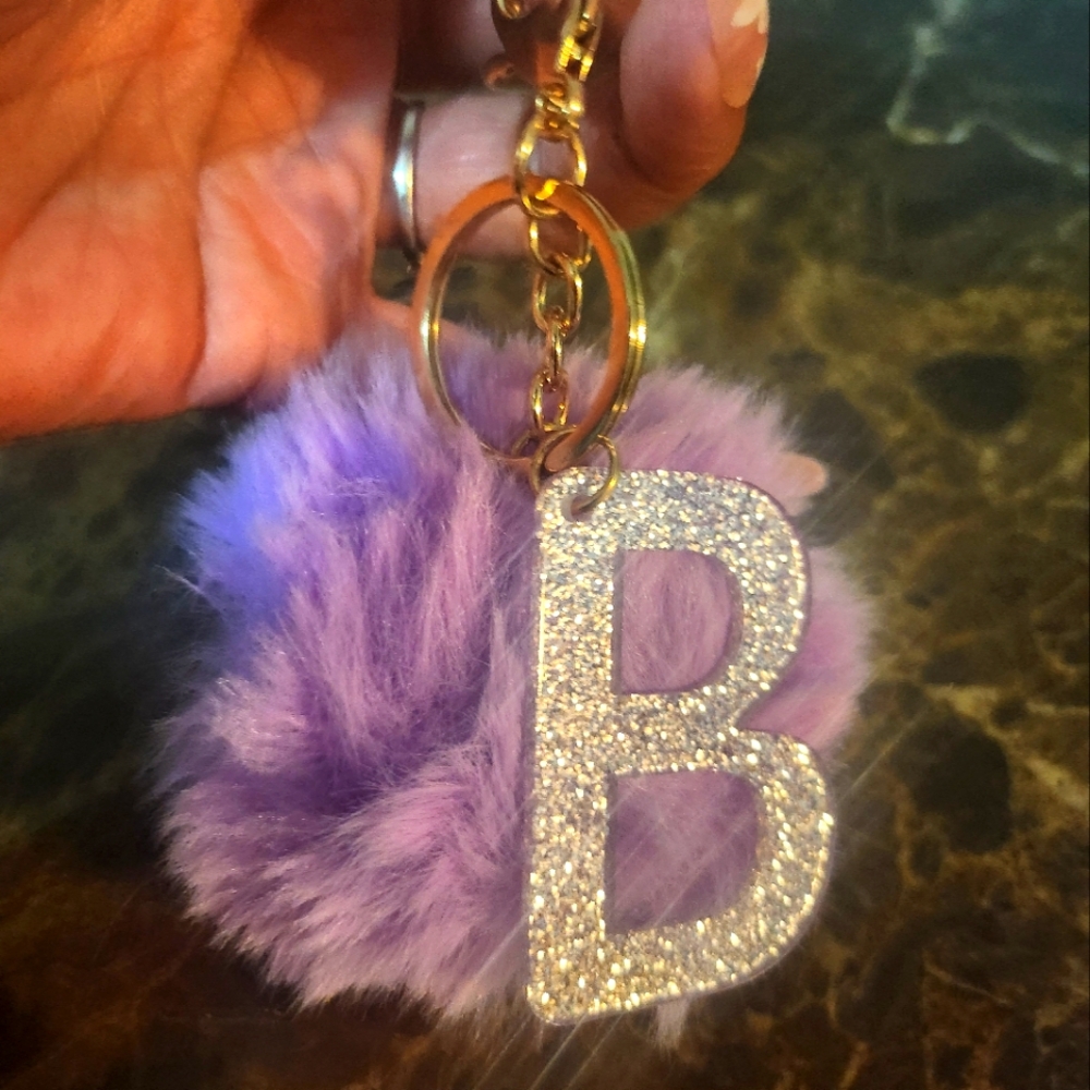 Purple Pom Pom Keychain with Glitter Letter B